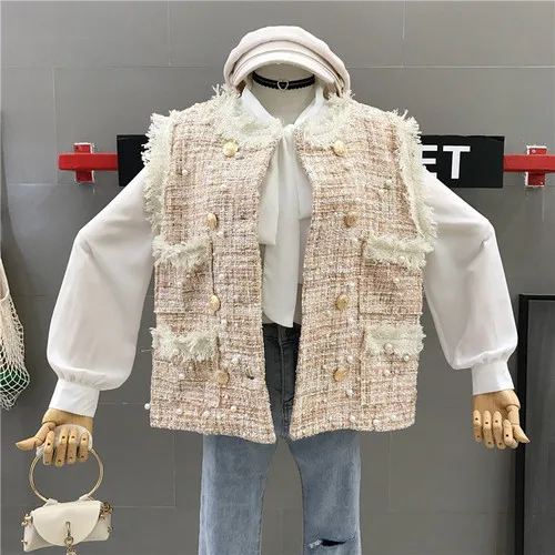 beige only vest Осенний твидовый жилет женский жемчужный бисер Тонкий двубортный шерстяной жакет без рукавов женский студенческий жакет - Цвет: beige only vest