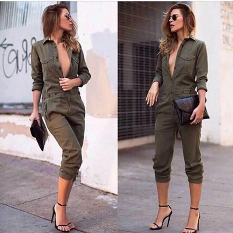 Hot Sale Ladies Sexy Vintage Romper Long Pants Women Slim Bodycon Jumpsuit Sleeve Army Green Solid Casual Cargo | Женская одежда