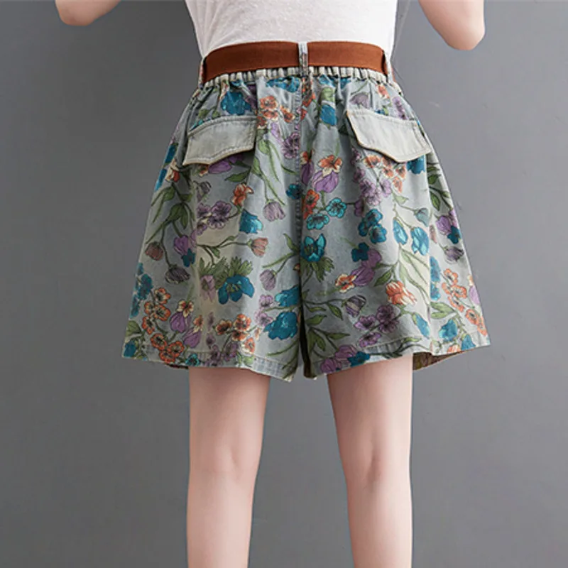 

IEQJ blue Casual Cozy Pockets Elastic Waist Printed Washed Denim Wide-leg Shorts With Belt Women Fashion Tide Summer 2021