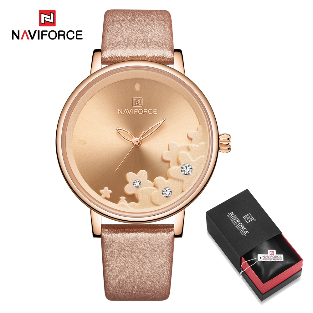 RoseGold in Box NAVIFORCE, новинка, часы с красным кожаным ремешком, женские часы, женские Кварцевые водонепроницаемые наручные часы, женские часы - Цвет: RoseGold in Box