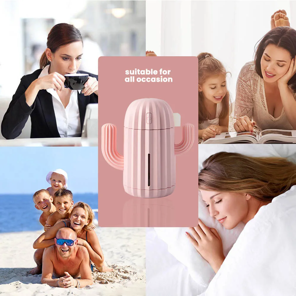 

340ml Mini Air Humidifier Spray Air Diffuser Cactus Design USB Rechargeable Wireless Desk Ultrasonic Aroma Diffuser Light Fogger