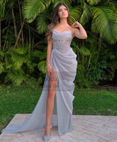 chenxiao silver mermaid evening dresses draped high split prom gowns fitthed bones women party formal dress occasion gown 2022