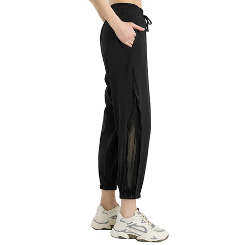 Спортивные женские штаны для фитнеса с карманами с завышенной талией и шнурком из полиэстера, сетчатые Свободные повседневные брюки для танцев, спортзала, бега, йоги, тренировок