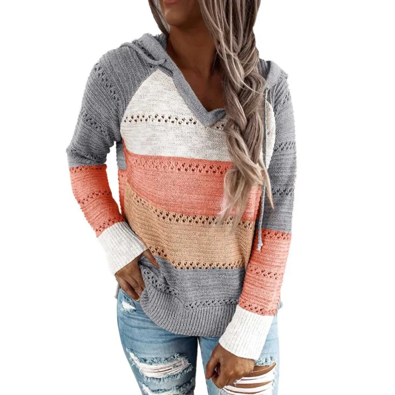 Autumn Women V Neck Patchwork Hooded Sweater  Casual Long Sleeve Knitted Sweater Top Winter Striped Loose Pullover Jumpers 2020 autumn and winter new loose knitted sweater women pullover long sleeve women pullover casual color block striped sweater