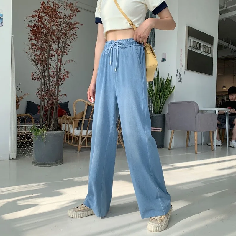

2020 Summer Wide Leg Pants Women's Loose Casual Simple Denim Elastic Waist Pants Ice Silk High Waist Vertical Straight Pants