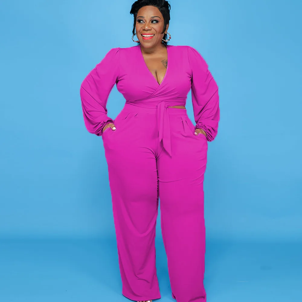

ZJFZML ZZ Women Clothing Two Piece Set Plus Size 2022 Long Sleeve V-neck Crop Top and Wide Leg Pant Dropshipping Wholesale