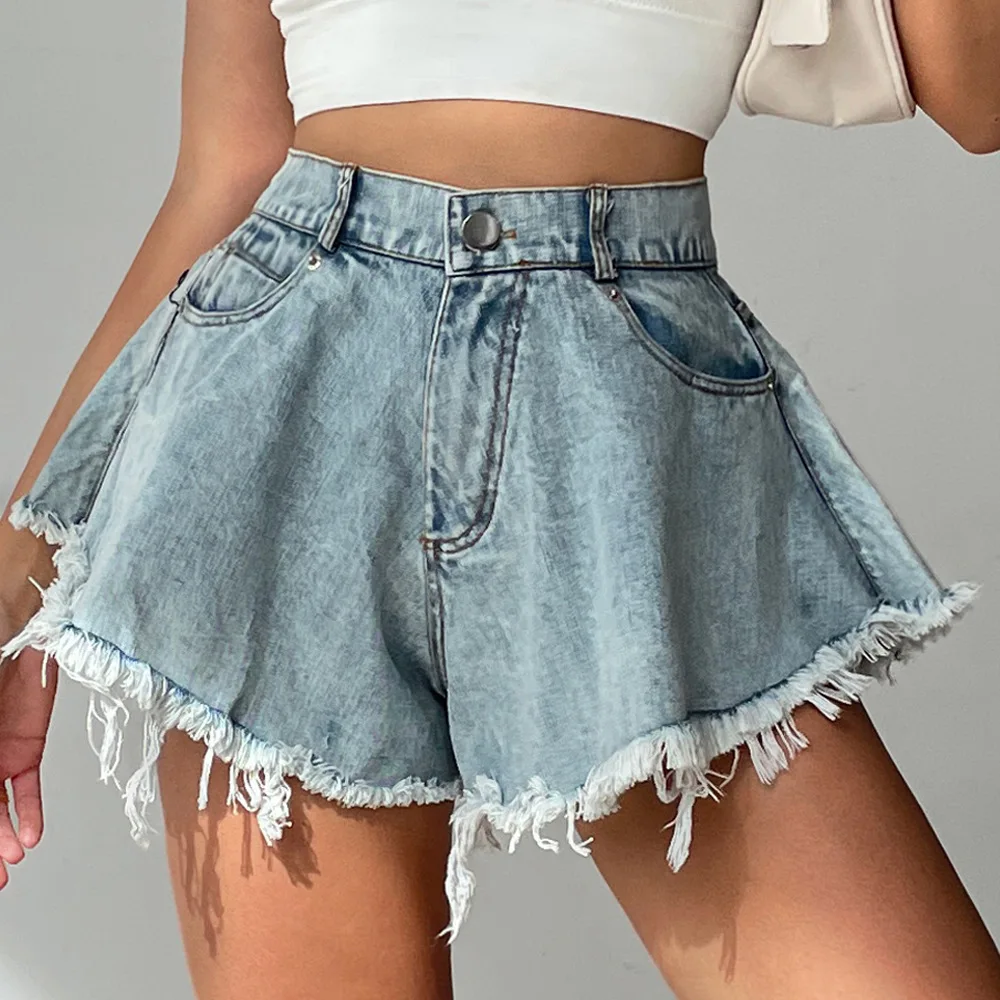 

2022 New Women Denim Shorts With Holes And High Waist Loose Tassel Jeans S-XXL