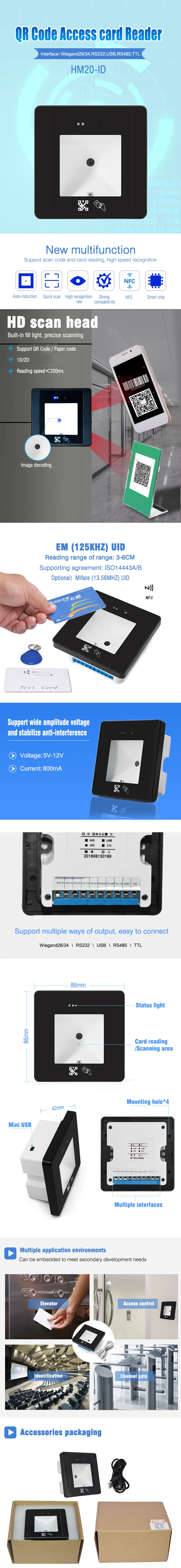 Встроенный сканер штрих-кода QR с NFC кард-ридером HM20 IC RS232/USB/RS485/ttl Wiegand