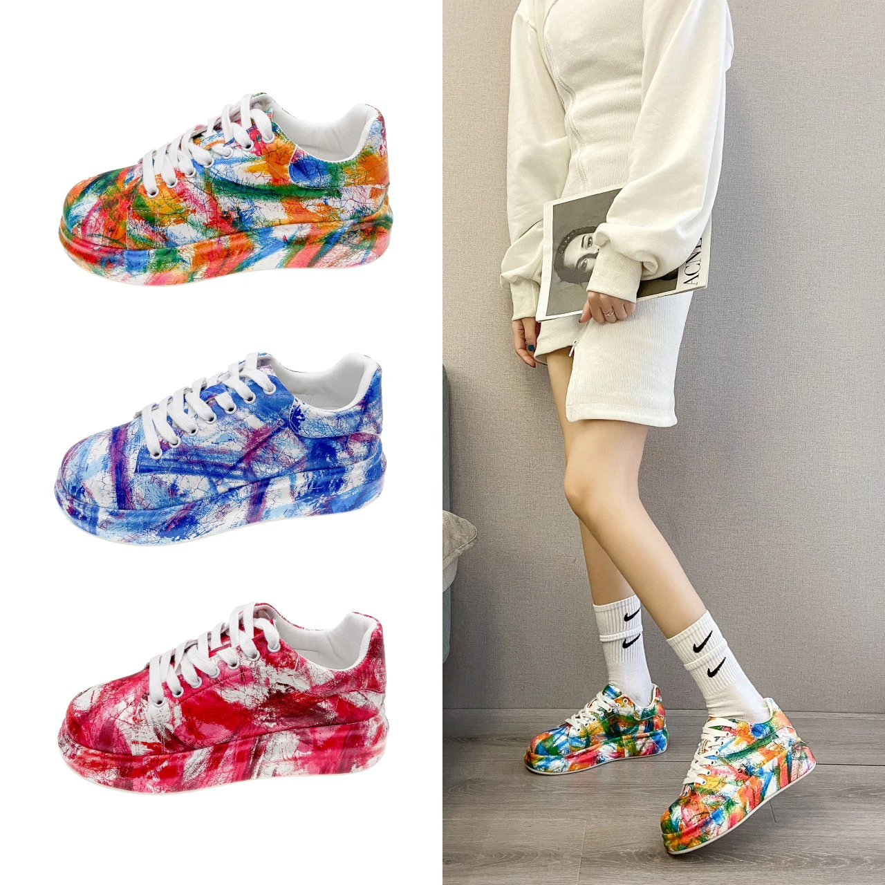 

Women's sneakers graffiti white shoes heighten platform shoe casual Women's sports shoes multicolour Women shoe summer