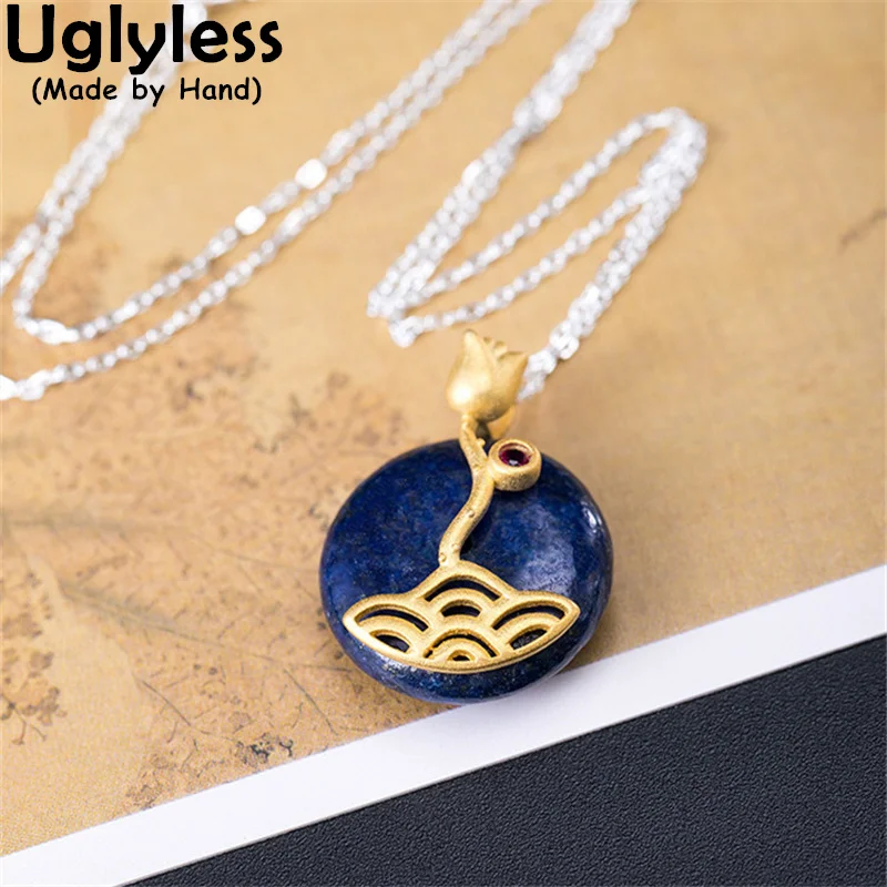 

Uglyless натуральный Лазурит мир кнопки Кулоны из нержавеющей стали для женщин Золотой лотос бутоны ожерелья 925 серебряные цветы Этнические ук...