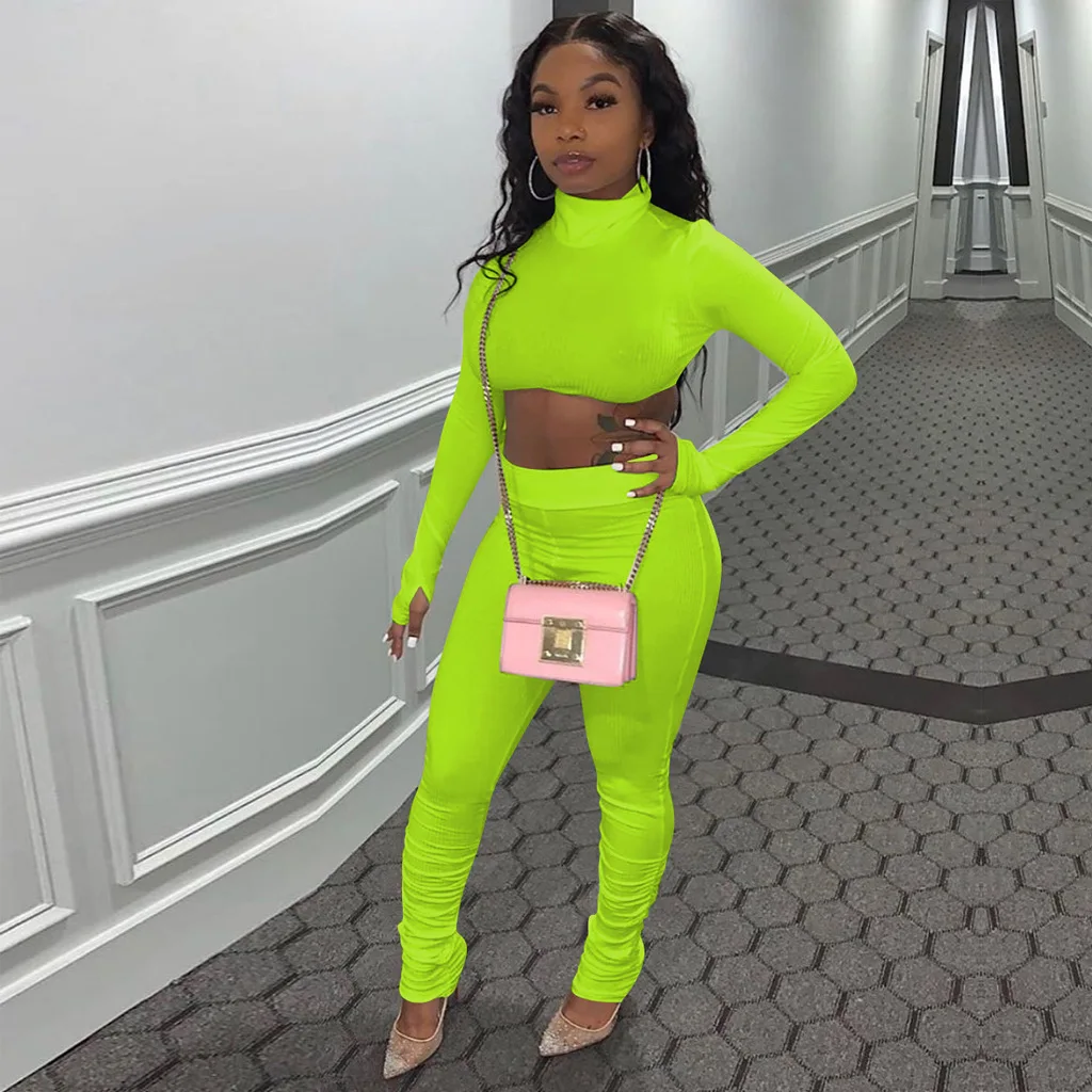 

Echoine Long Sleeve Turtleneck Crop Top Legging Pants Two Piece Set Tracking Suit Tracksuit