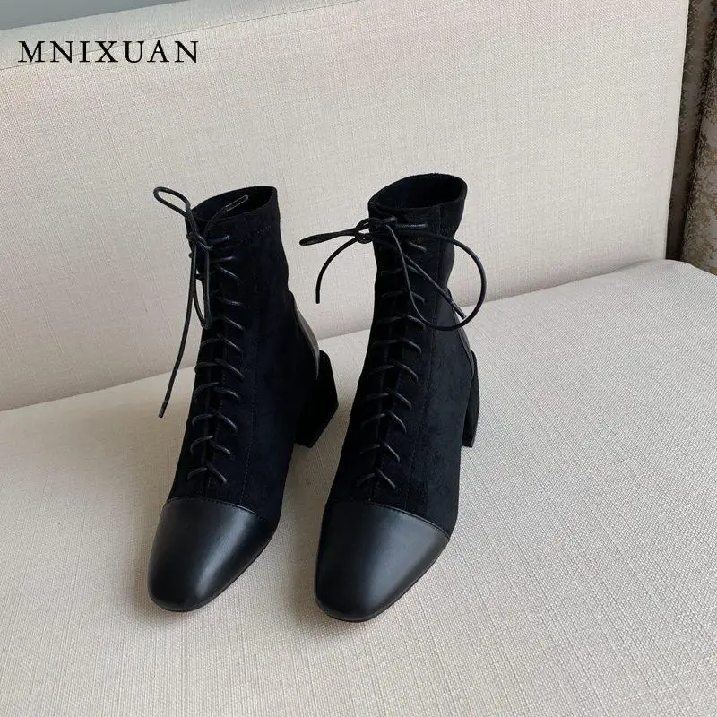 Женские ботильоны на шнуровке MNIXUAN черные ботинки из натуральной кожи блочном