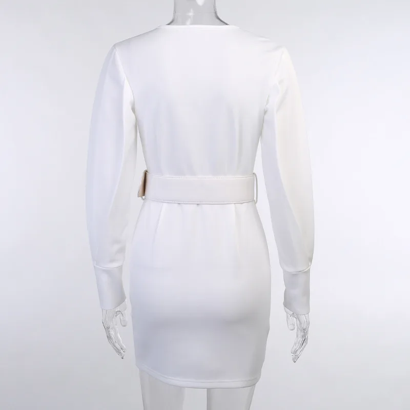 

hirigin V Neck White Long Puff Sleeve Sashes Mini Sexy Women Dresses Autumn Casual Party Solid Night Club Bodycon Dress 2020