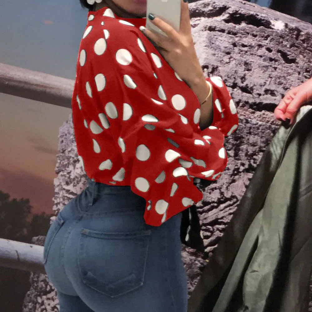 Женская офисная блузка в горошек Повседневная Свободная красная Элегантная с