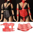 Женский открытый бюстгальтер, кожаный боди с наручниками, воротник, БДСМ, портупея, эротический костюм, рука секс-игрушки для сдерживания