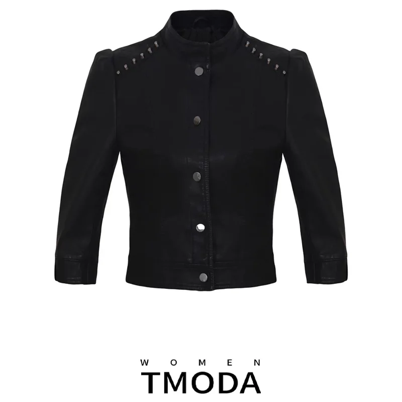 Куртка женская из искусственной кожи с заклепками на осень/зиму|Кожаные куртки| |