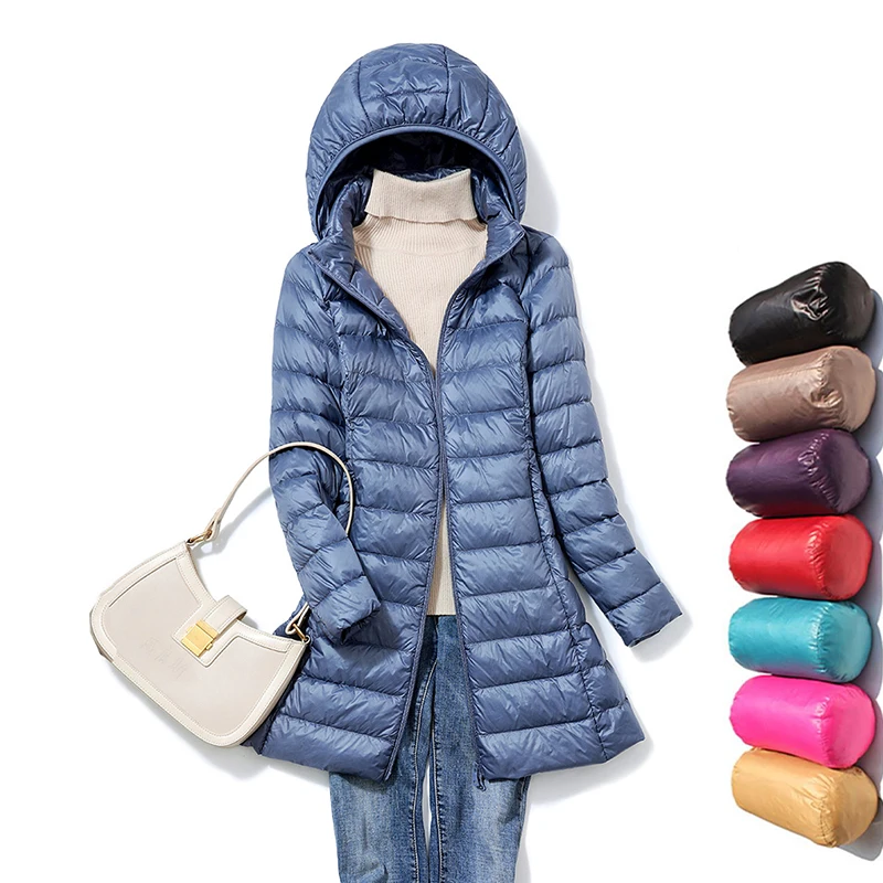 

long Down Parka Women Ultra-light Thin Down Jacket 2021 Autumn Winter Slim Hooded Warm White Duck Down Coat Women's Outerwear