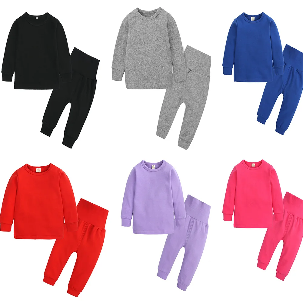 

2022 Spring Autumn Baby Cotton Pajamas Set Solid Color High Waist Long Johns Underwear Kids SleepWear 3M-13Y