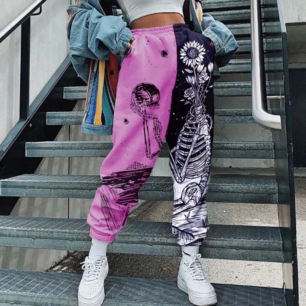 

Women Fashion Skull Pattern Print Patchwork Pants Autumn Elastic Waist Pocket Harajuku Sport Trouser Casual Streetwear Sweatpant