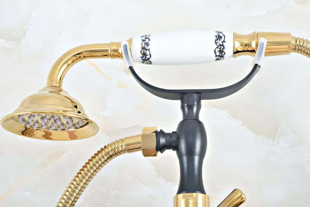 Латунный настенный смеситель для ванны черного и золотого цвета с двумя