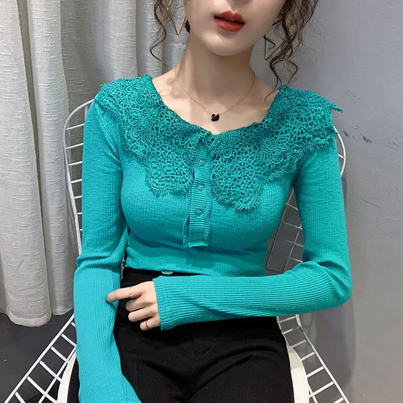 

2021 New Spring Autumn Women Korean Style Sexy Slimming Solid Lace Turndown Collar Knit Pullover Sweaters Female Tops Y578