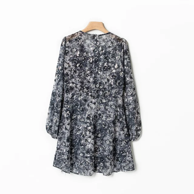 

2021 New Women Floral V-Neck Mini Dress Puff Sleeve Slim Waist Ladies Fashion Pleated Short Dresses Robe