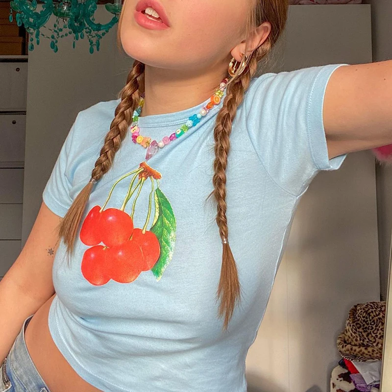 

Cute Cherry Print Tees Y2K Aesthetics O-neck Short Sleeve Crop Tops Kawaii Blue Baby T-shirt Women Summer Fashion 90s Streetwear