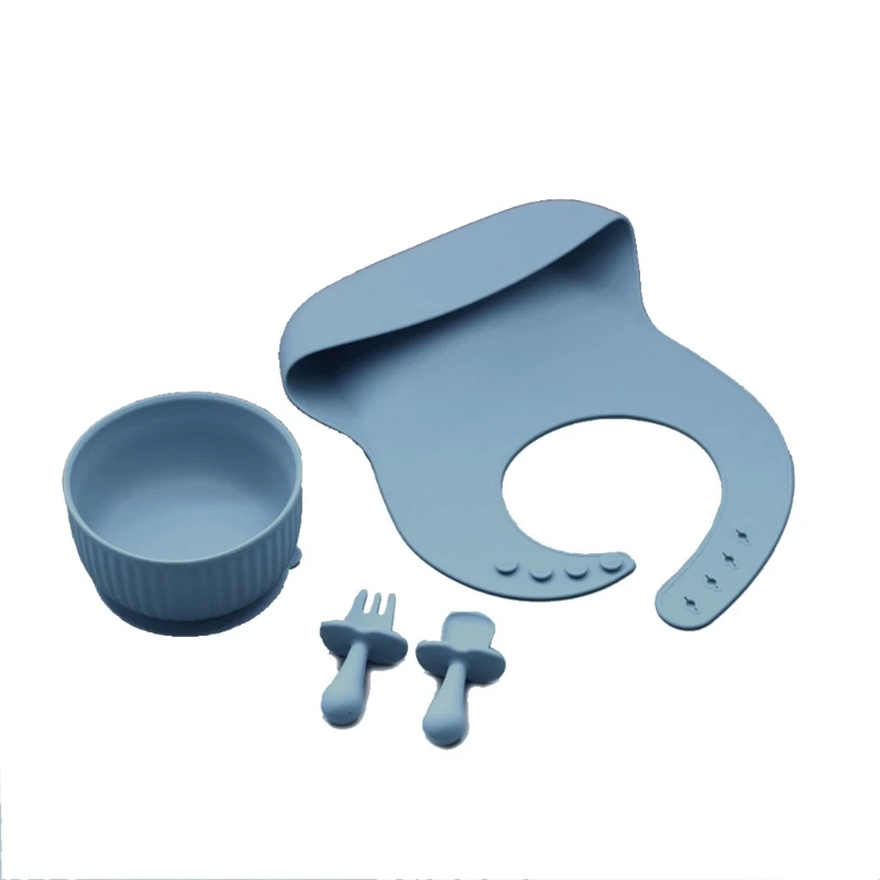 

4pcs Baby Feeding Set Food Grade Silicone Bib Fork Soft Spoon Feeding Bowl Plate