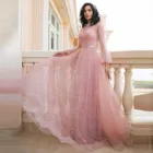 Элегантное прозрачное вечернее платье розового цвета, с высоким воротом, в пол, из тюля, с бисером, трапециевидного силуэта, с длинными рукавами, летнее платье больших размеров