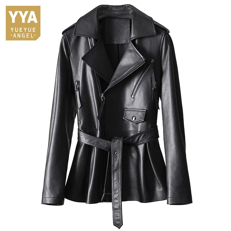 

Italian 100% Sheepskin Womens Motorcycle Coat Belted Slim Fit Ladies Autumn Punk Designer High Quality Genuine Leather Jacket