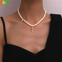 kshmir retro simple new fresh water pearl cross necklace web celebrity fashion collarbone chain jewelry gifts wholesale 2021