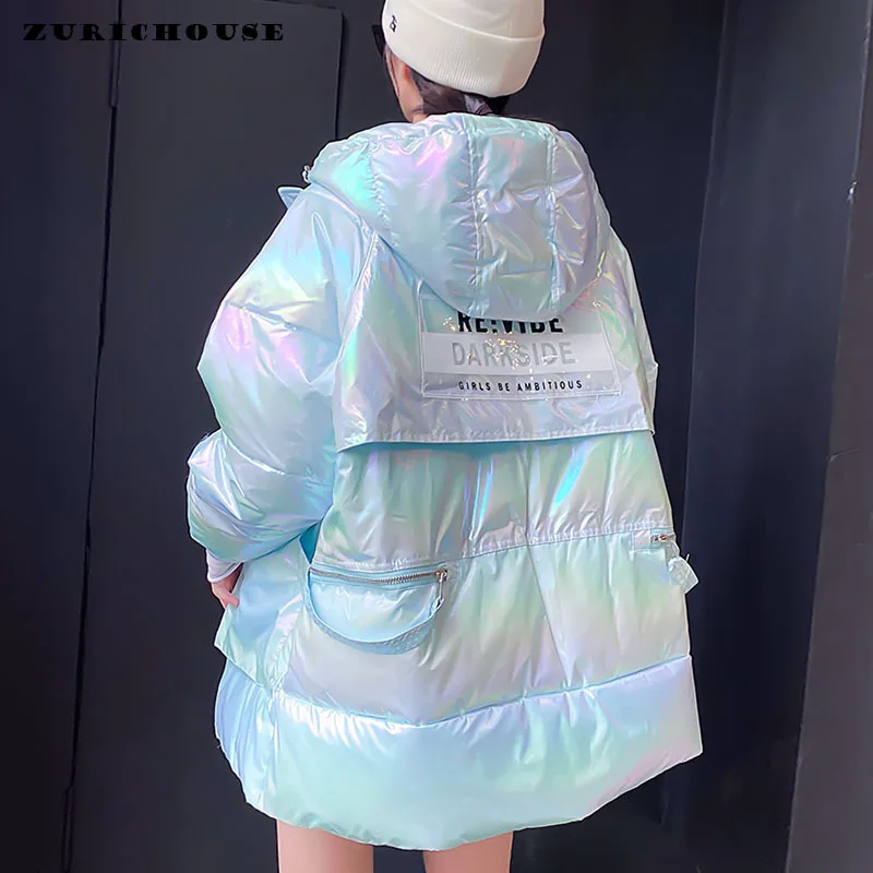 

ZURICHOUSE Fashion Shiny Women Winter Jacket Thicken Casual Hooded Parkas Female Chic Big Pocket Warm Loose Puffer Coat