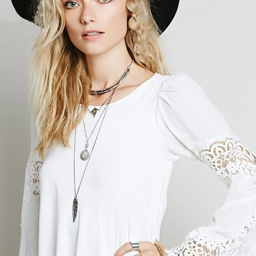 

Lugentolo Short Dress Women Chiffon Lace Stitching Loose Flare Long Sleeves Solid Summer New Casual Fashion Womens Dress