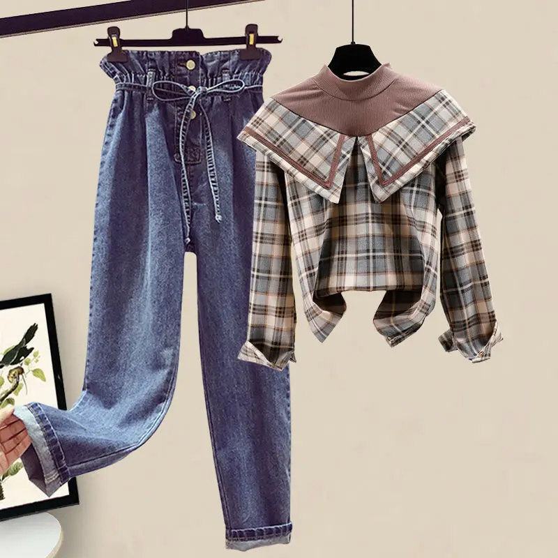 Женский осенний костюм большого размера из двух предметов женская рубашка в