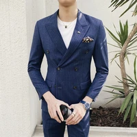 spring new british double breasted suit for men business professional wear striped two piece suit korean groom takim elbise