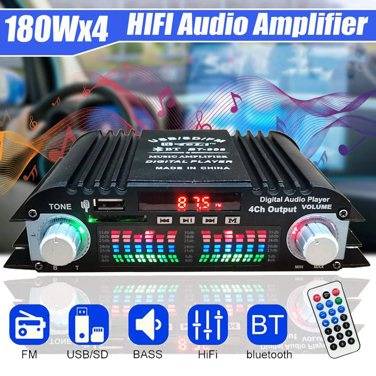 BT 998 12 В/220 В 4CH домашние Цифровые усилители Hifi стерео аудио бас bluetooth усилитель
