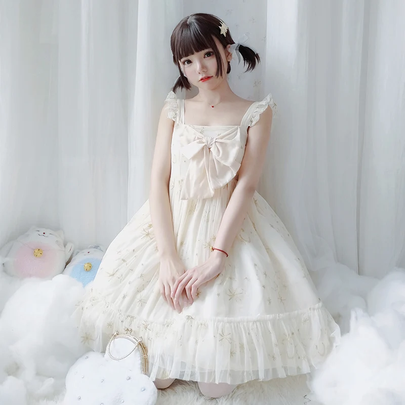 Японское платье сладкой Лолиты винтажное кружевное с бантом и звездным небом