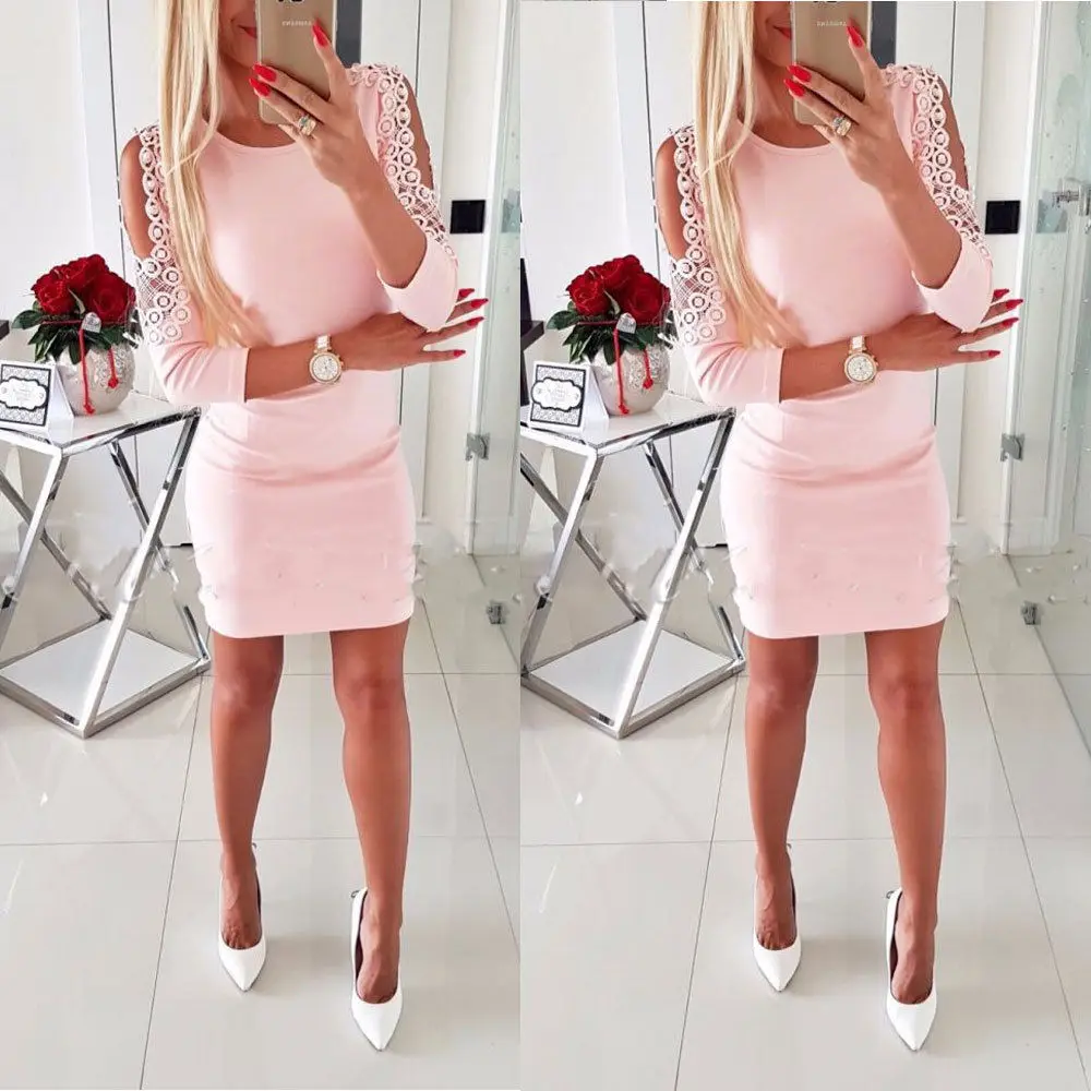 

Women Sexy Cold Shoulder Beading Bodycon Dress Ladies Evening Party Mini Dress Long Sleeve O-neck Bandage Casual Dresses