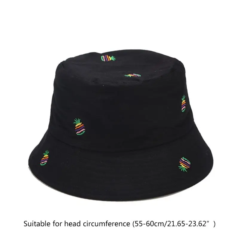 

Women Summer Tropical Bucket Hat Rainbow Stripes Pineapple Embroidery Reversible Wide Brim Double Sided Fisherman Cap