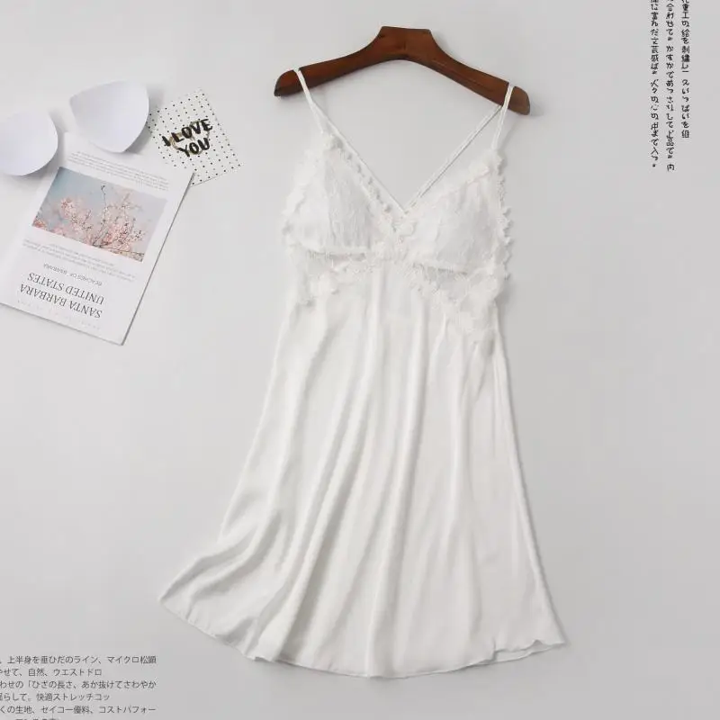 

Sexy Hollow Out Lace Mini Nightgown Sleepwear Summer Women Spaghetti Strap Nightdress Nightwear With Bra Faux Silk Home Dress