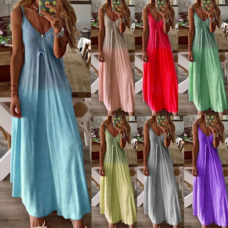 

2020 Summer Women's Wear, Solid Color Loose Sling, V-neck A-line Casual Style Dress, Gradient Color, Sexy Long Skirt Large Size