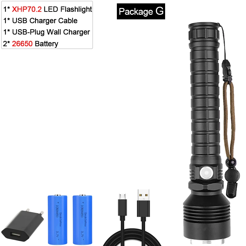 Package G Мощный фонарик XHP70.2 Xlamp светодиодный фонарь XHP50 светодиодный фонарь Водонепроницаемый фонарь с увеличением с батареей 18650 - Испускаемый цвет: Package G