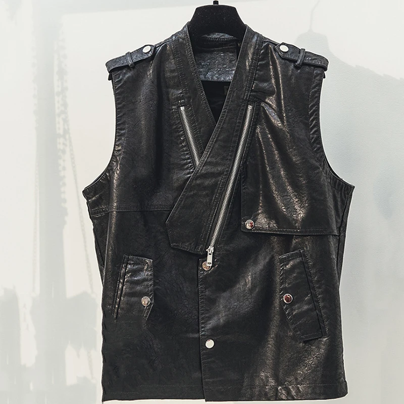 

2019 Spring Korea Women Black PU Vest V-Neck Slim Sleeveless Jackets Faux Leather Waistcoat Motobiker Coats Fashion Streetwear