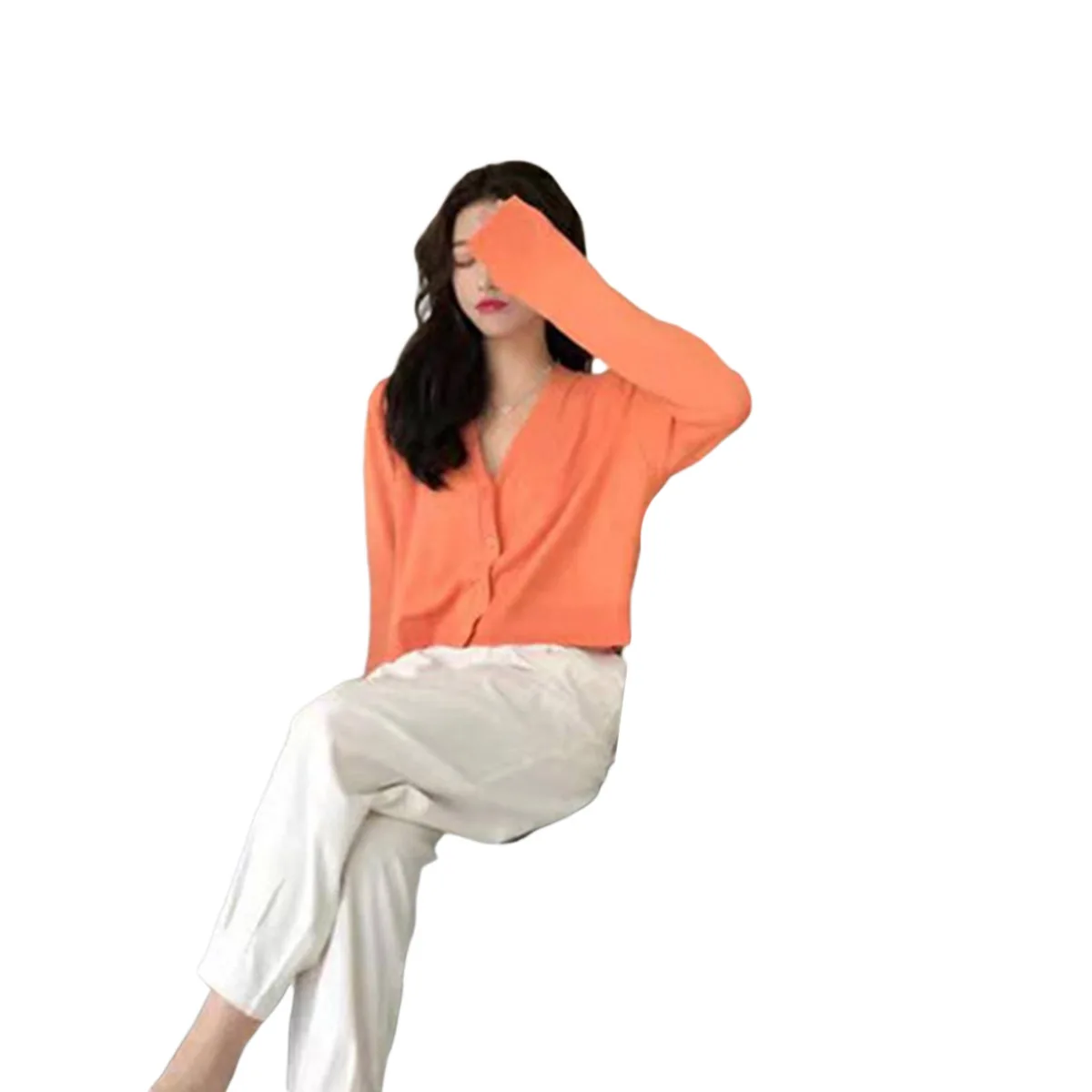 

Women Fashion Solid Color Cardigan Long Sleeve V-neck Outerwear Spring Casual Style Short Top