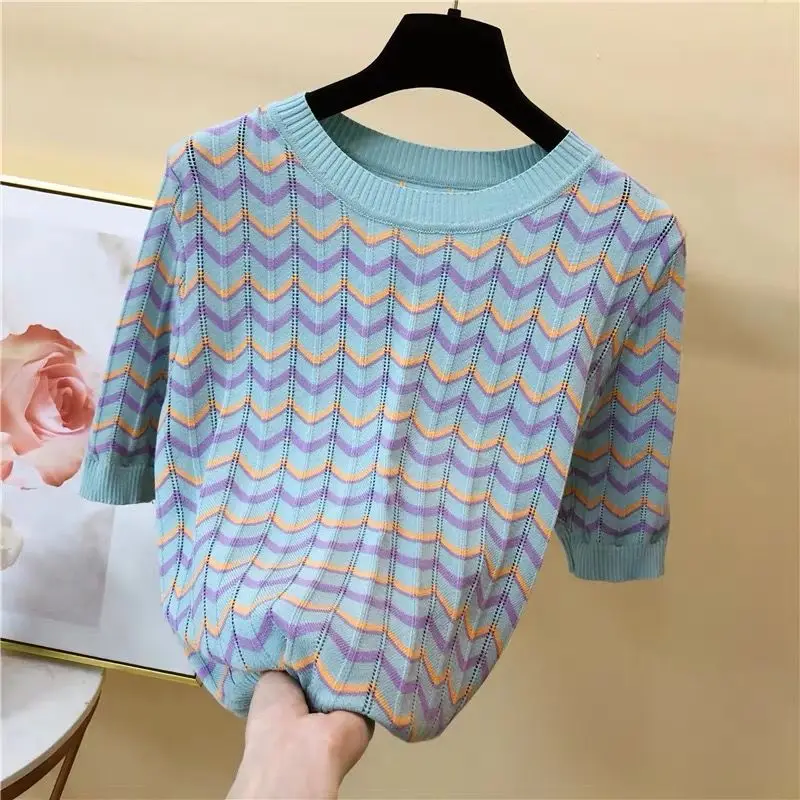 Loose Thin Hollow Silk Sweater Female Round Neck Striped Frill Short Sleeve Knitted Bottoming Jumper Pullover Women Spring | Женская