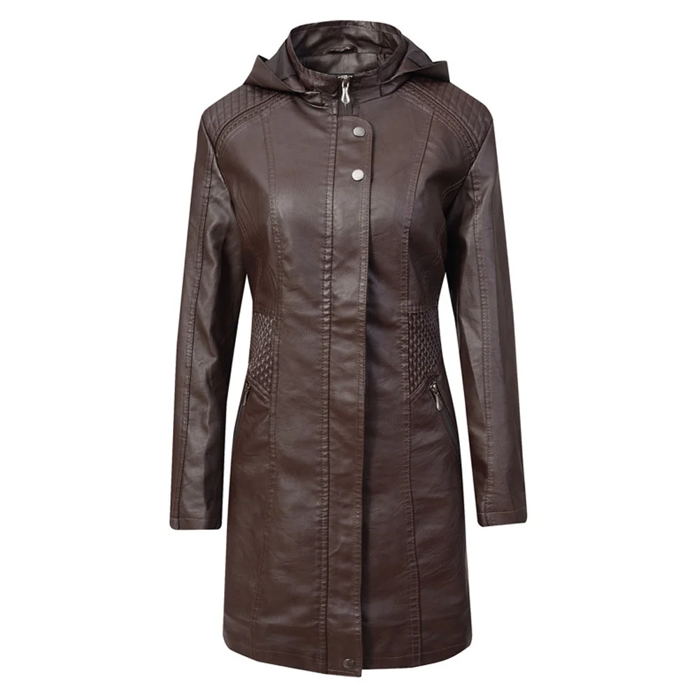 

Winter 2021 Women's Pu Leather Hooded Long Sleeve Cardigan Jacket Motorcycle Jacket