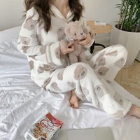 womens pajamas winter korean style warm fleece cartoon girl bear print cardigan sleepwear loose casual loungewear nightwear 90s