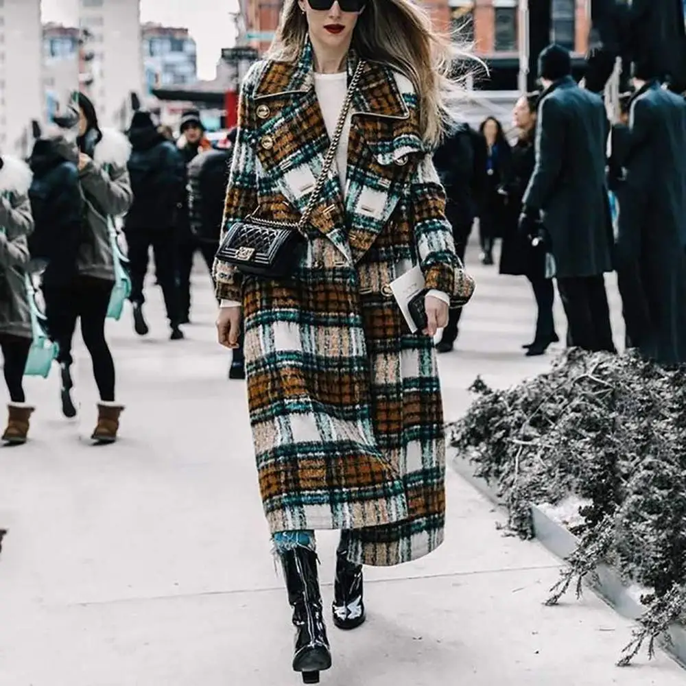 Пальто из шерсти с воротником "стойка", застежкой на пуговицы, в клетку, уличной одеждой, свободного кроя, ретро-стиля, для женщин больших размеров.
