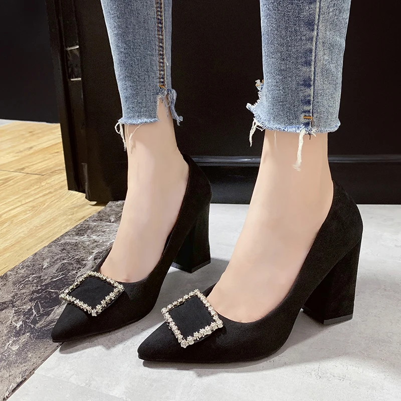 

Square Heel High Heels Autumn New Pointed Shallow Mouth Suede Single Shoes Simple Comfort Women's Shoes Fashion Black Work Shoes