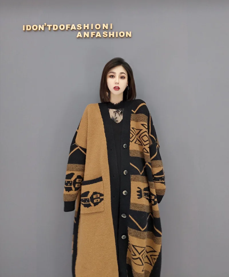 QING MO Spring Winter Fashion Retro Printing Sweater Jacket Women 2022 New Plus Size Single Breasted Knitted Long Coat ZWL1077 | Женская